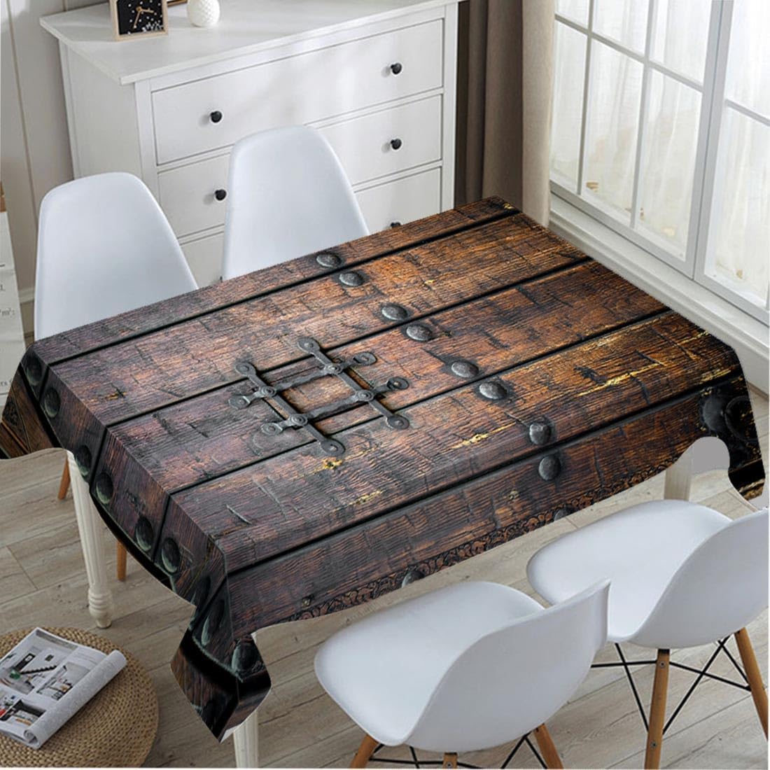Home Textiles Premium - 中世の古代木製ドアテーブルクロス、プレミアム建築ゴシックメタルロックテーブルカバー、ヴィンテージキッチンダイニングルーム用