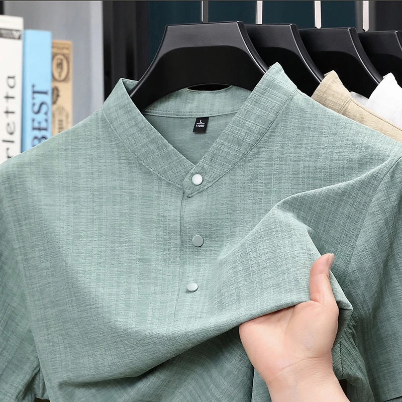 Home Textile - 夏用スタンドカラーハーフボタンメンズシャツ軽量テキスタイルブラウスデイリーストリートウェアホームレジャー＆短期旅行用衣装