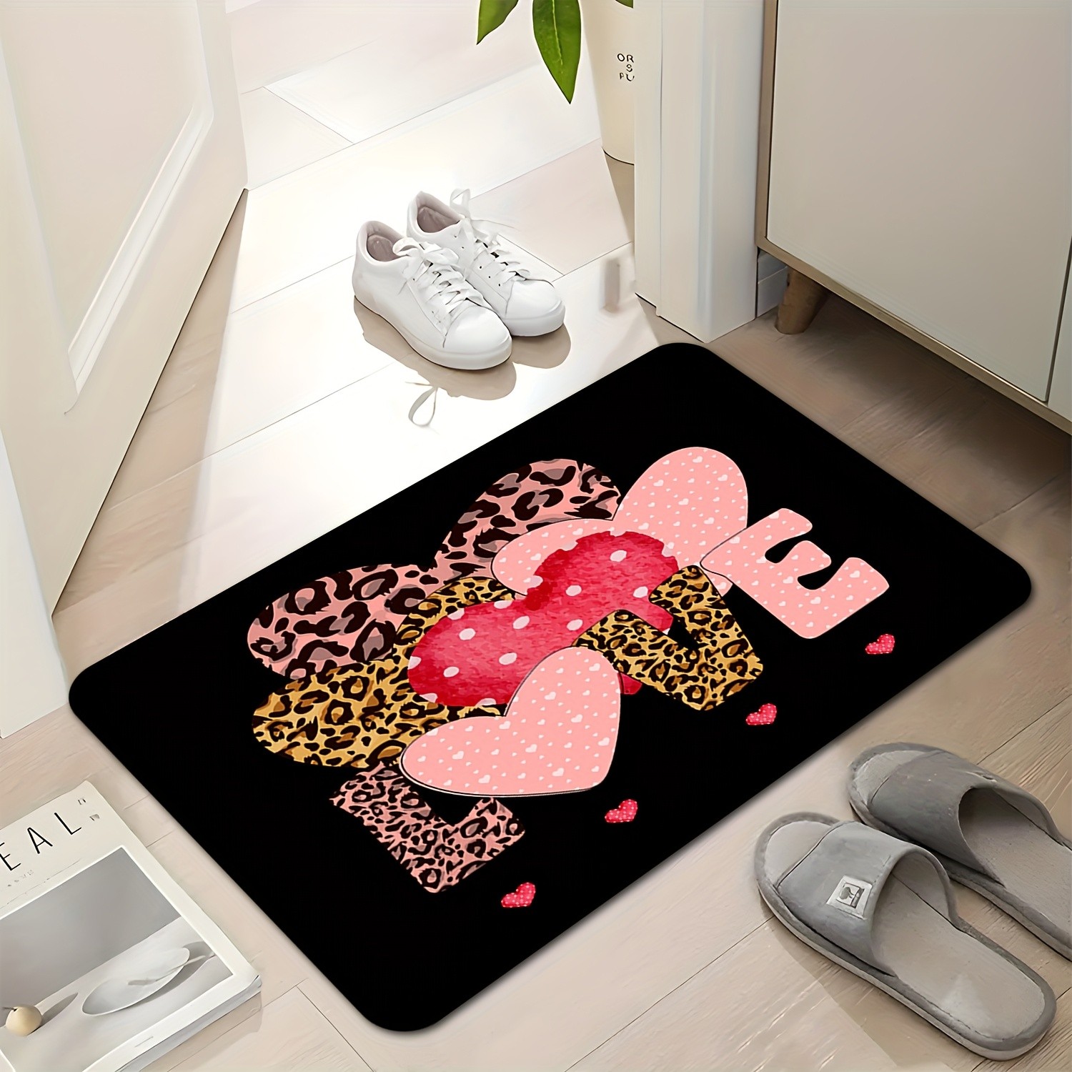 Home Textiles Premium - レオパードハートラブプリントドアマットプレミアムフランネル滑り止め玄関マットバレンタインホームデコレーション用