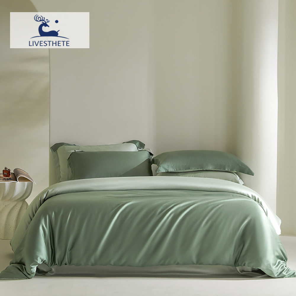 Silk Sheet Set - Liv-esthete-高貴な寝具セット、ダブルカラー、100% シルク、シルキーグリーン、クイーンキングコンフォーターカバー、フラットシート、枕カバー、ベッドリネン