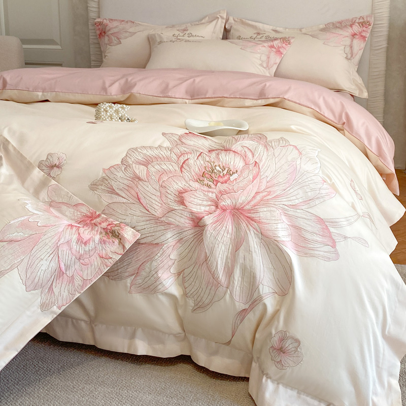 Luxury Home Textiles Usa - 1000TC エジプト綿花刺繍高級寝具セットクリーム/ピンク布団カバーセットフラット/フィットベッドシーツ枕カバー 4 個