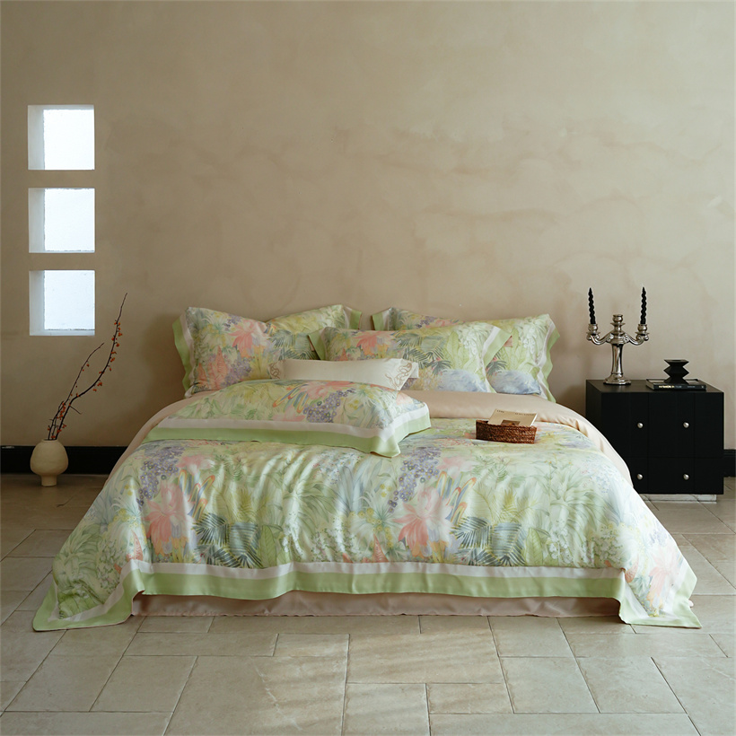 Silk Sheet Set - 高級 100% 桑シルク寝具セット 4 個花柄プリント布団カバーベッドシーツ枕カバークイーンキングサイズフィットシートベッドリネン