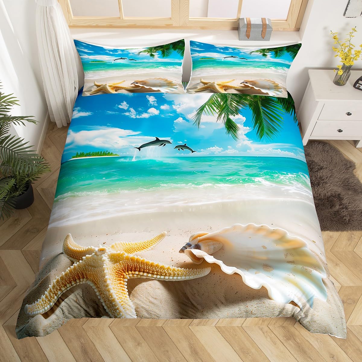 Bed Sheet Microfiber - ビーチ掛け布団カバー、海岸布団カバークイーン、ティーンガールズボーイズヒトデ装飾マイクロファイバーキルトカバー、ビーチテーマ寝具