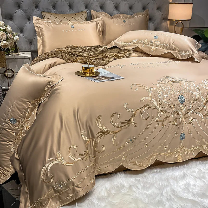Silk Sheet Set - ヨーロピアンスタイルベッドシーツ4点セット 100%コットン 高級感 アイスシルク キルトカバー 純綿寝具