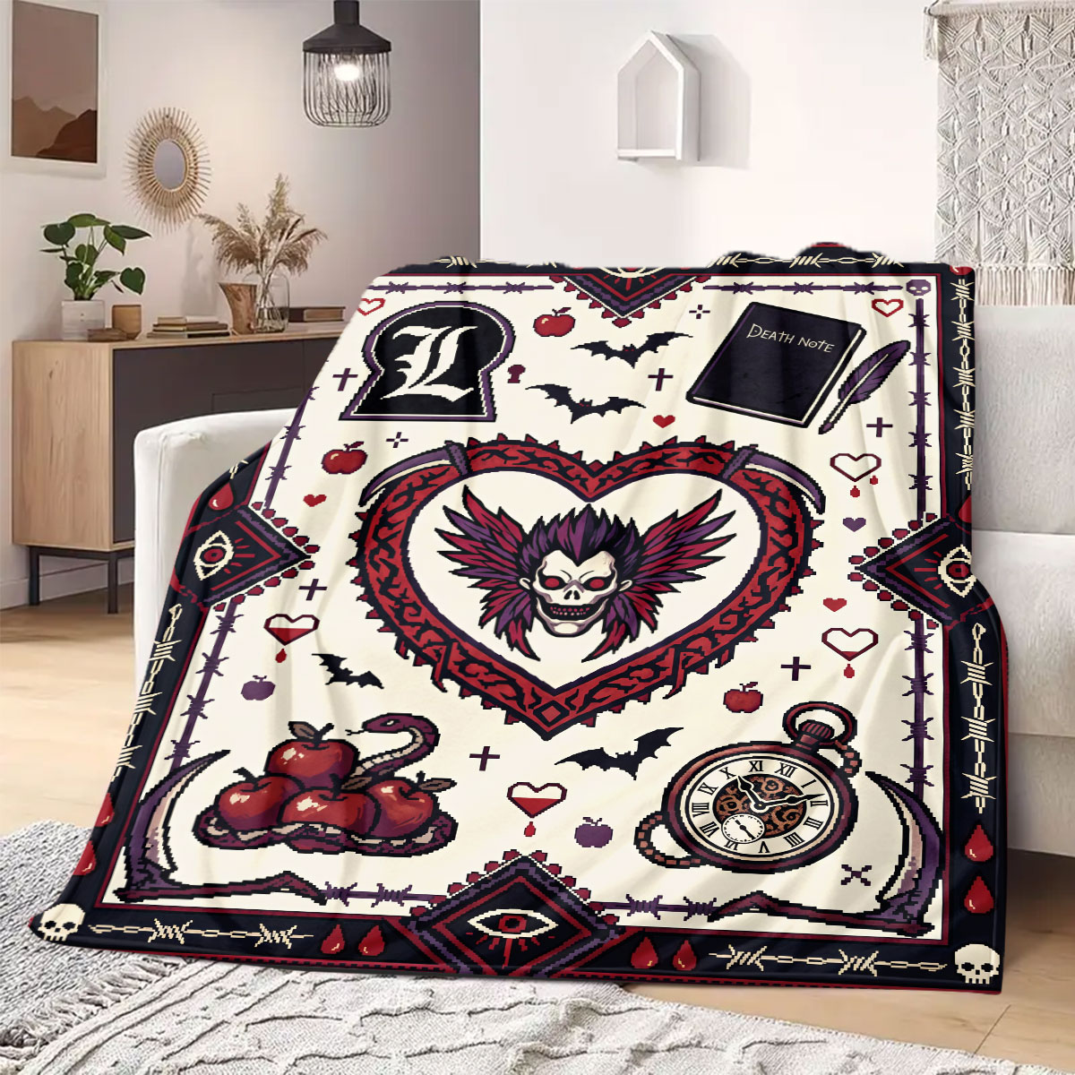 Home Textiles Notes - デスノート ラディアントプリントフランネルブランケット、アニメキャラクター柄ベッド用、暖かい家の装飾、ソファ用、多用途旅行用_LIAN