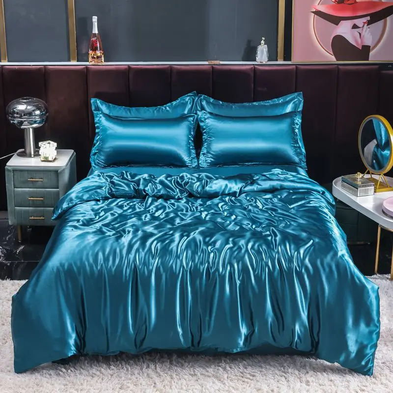 Silk Sheet Set - 北欧サテンシルク寝具セット布団カバーベッドシート枕カバー高級固体シングルダブルカップル枕ケースベッドシート