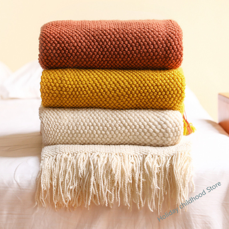 Home Textiles Europe - 厚手のニットブランケット,コーングリーン,エンボスワッフル,暖かいタッセル,ベッドカバー,家庭用,冬用,130x240cm