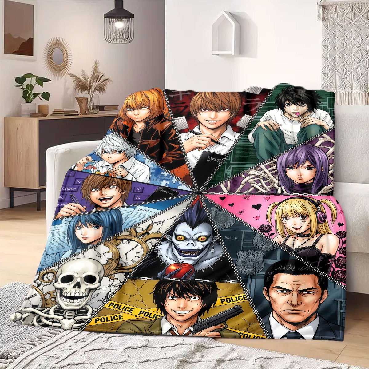Home Textiles Notes - デスノート グランドカートゥーンフランネルブランケット、ソファ用プリントホームテキスタイル、椅子用の居心地の良い寝具、ピクニック昼寝用スロー_LIAN