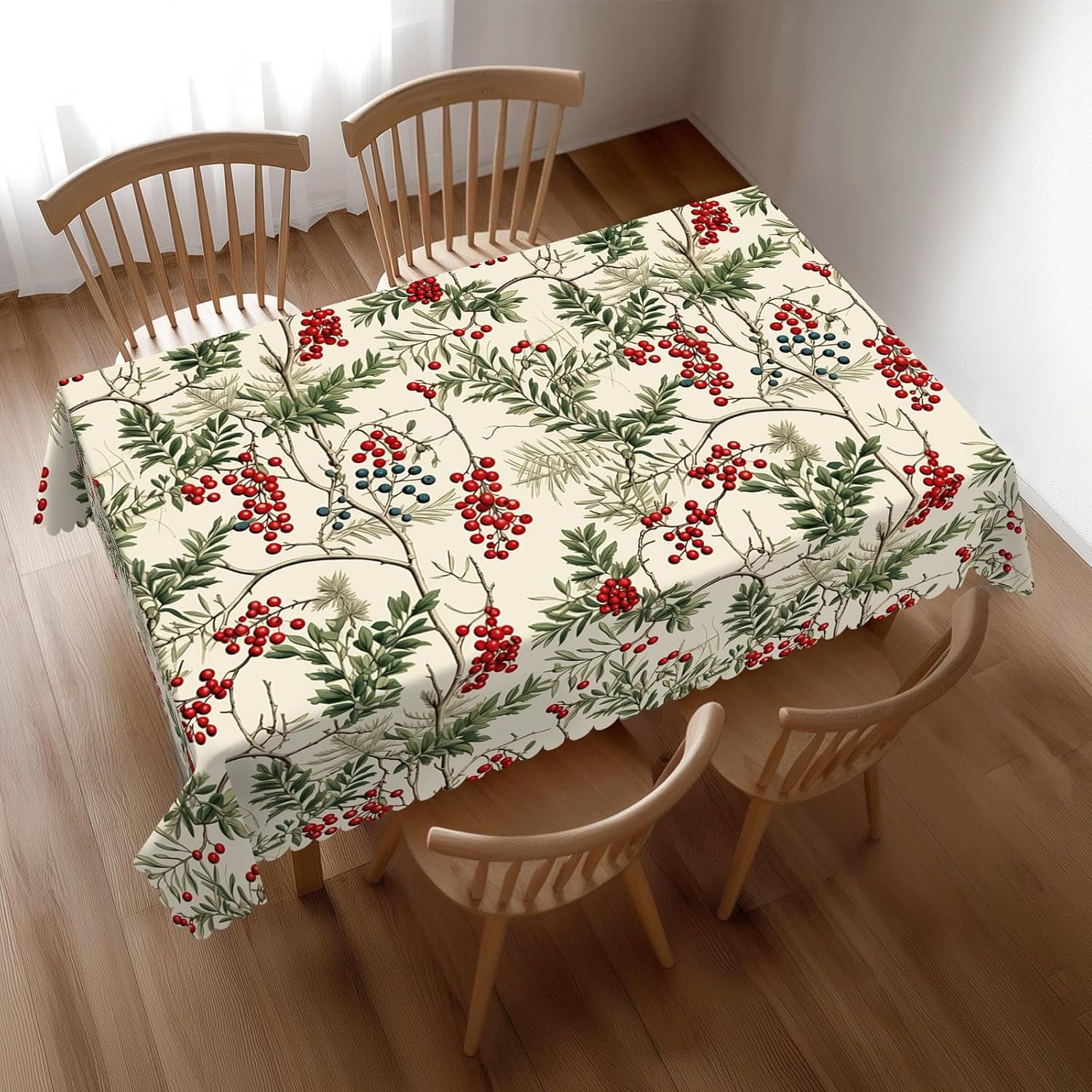 水彩画のヒイラギベリー柄クリスマステーブルクロス、プレミアム - Home Textiles Premium のレビューと価格