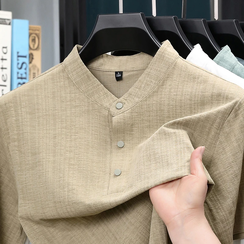夏用スタンドカラーハーフボタンメンズシャツ軽量テキスタイルブ - Home Textile のレビューと価格