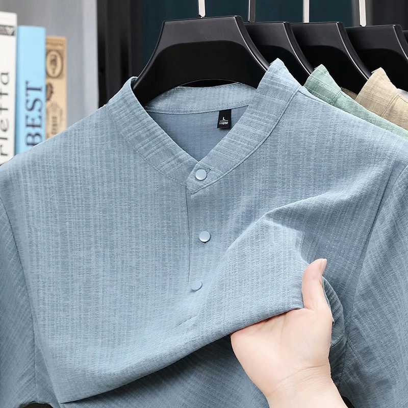 夏用スタンドカラーハーフボタンメンズシャツ軽量テキスタイルブ - Home Textile のレビューと価格
