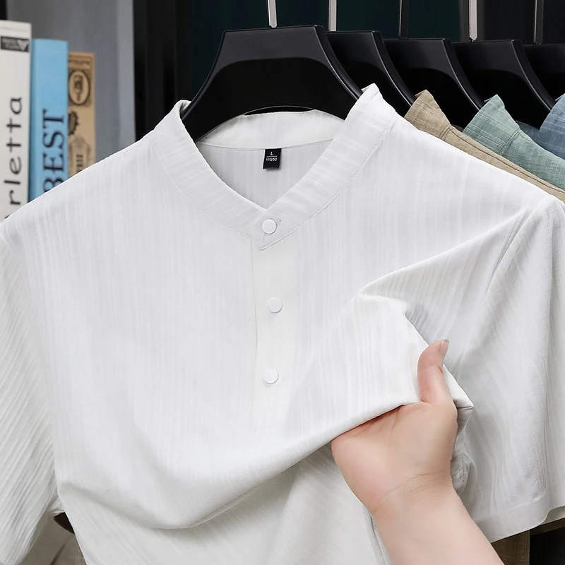 夏用スタンドカラーハーフボタンメンズシャツ軽量テキスタイルブ - Home Textile のレビューと価格
