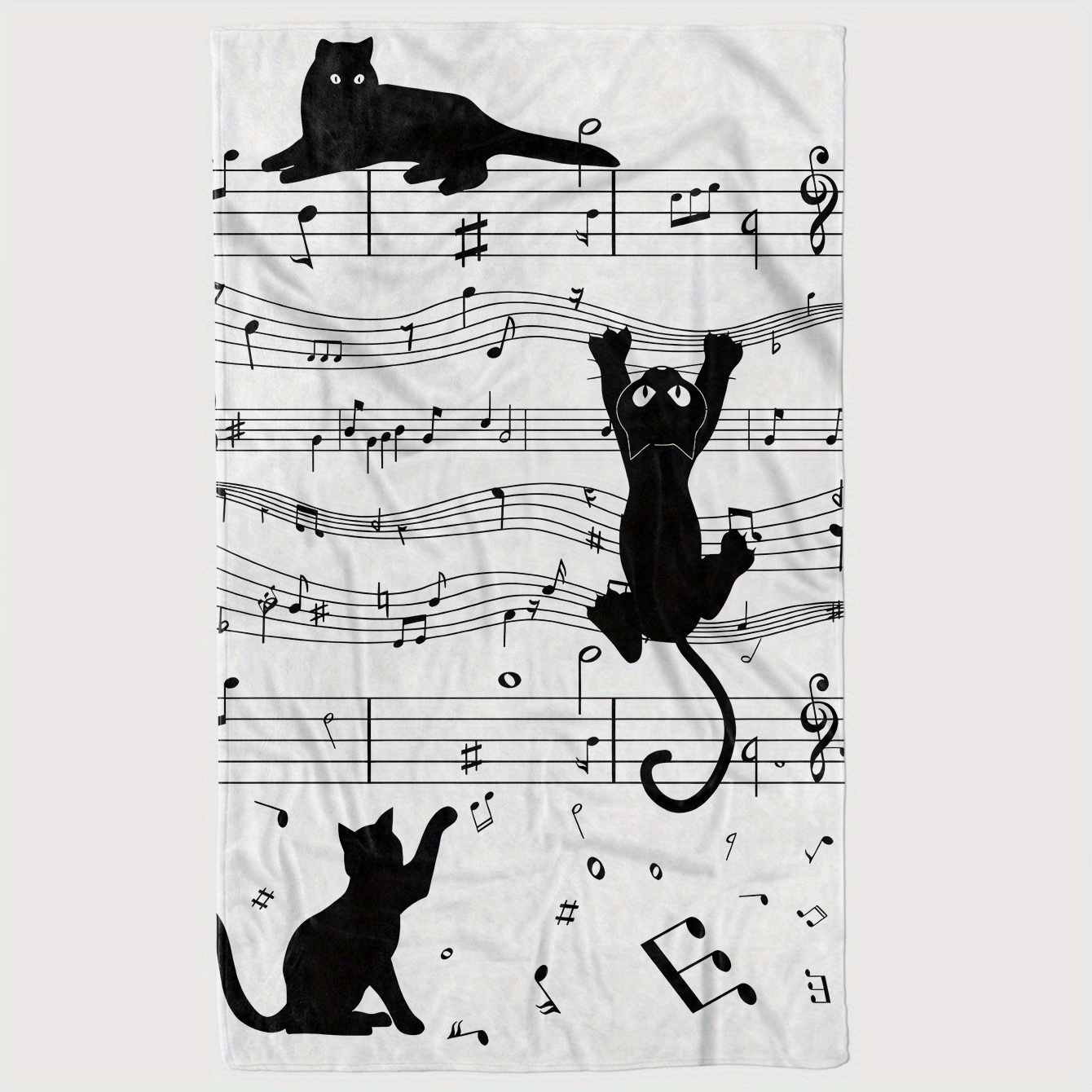 黒と白の猫のシルエットと音符模様のブランケット、ポリエステル - Home Textiles Notes のレビューと価格