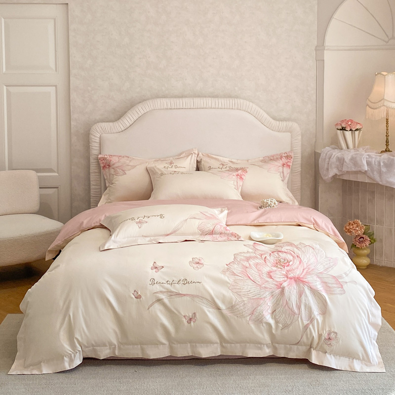 1000TC エジプト綿花刺繍高級寝具セットクリーム/ピンク - Luxury Home Textiles Usa のレビューと価格