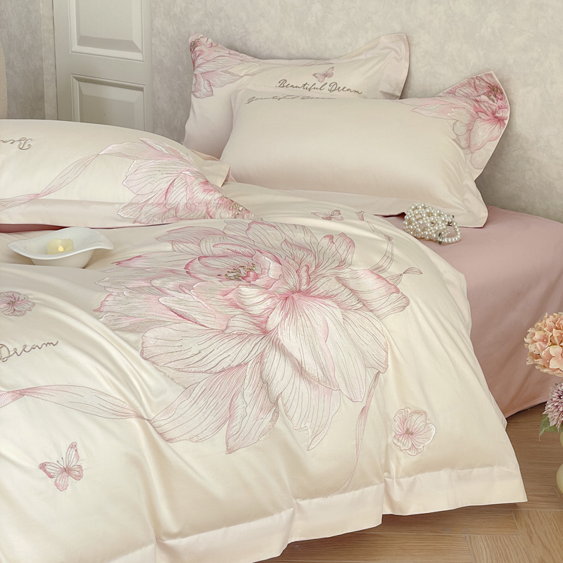 1000TC エジプト綿花刺繍高級寝具セットクリーム/ピンク - Luxury Home Textiles Usa のレビューと価格